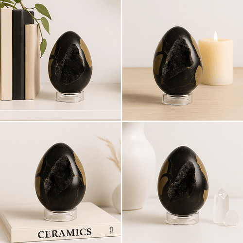 Dark Septarian Geode Egg – Hand-Selected Display Crystal with Druzy Interior